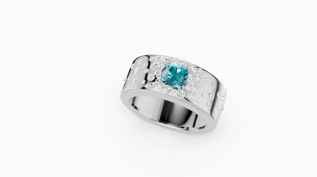 Rendering di anello a fascia con pietra centrale azzurra e pietre incolori