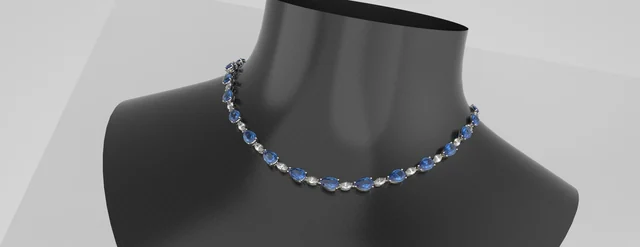 Rendering di collier con pietre blu alternate a elementi incolori su busto