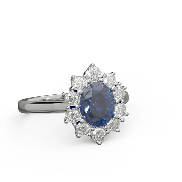 Rendering di anello con pietra ovale blu e contorno di pietre incolori